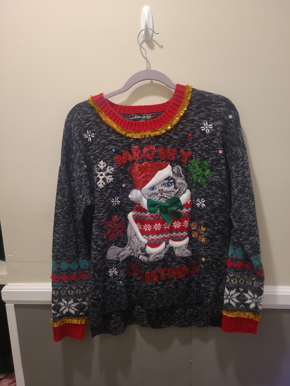Meowy Christmas Sweater Womens L Black Ugly Holiday Cat United States Sweaters